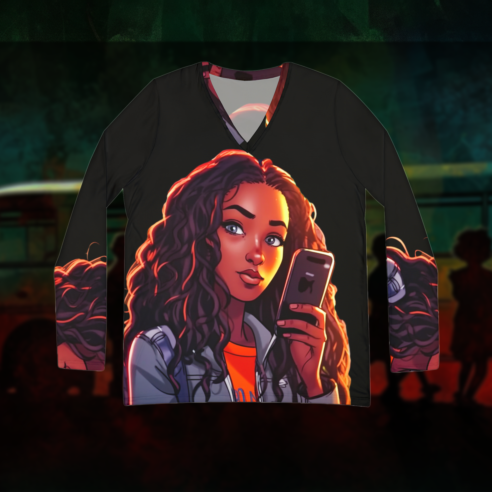 "THE PHONE" - African American Themed Long Sleeve V-NECK TEE