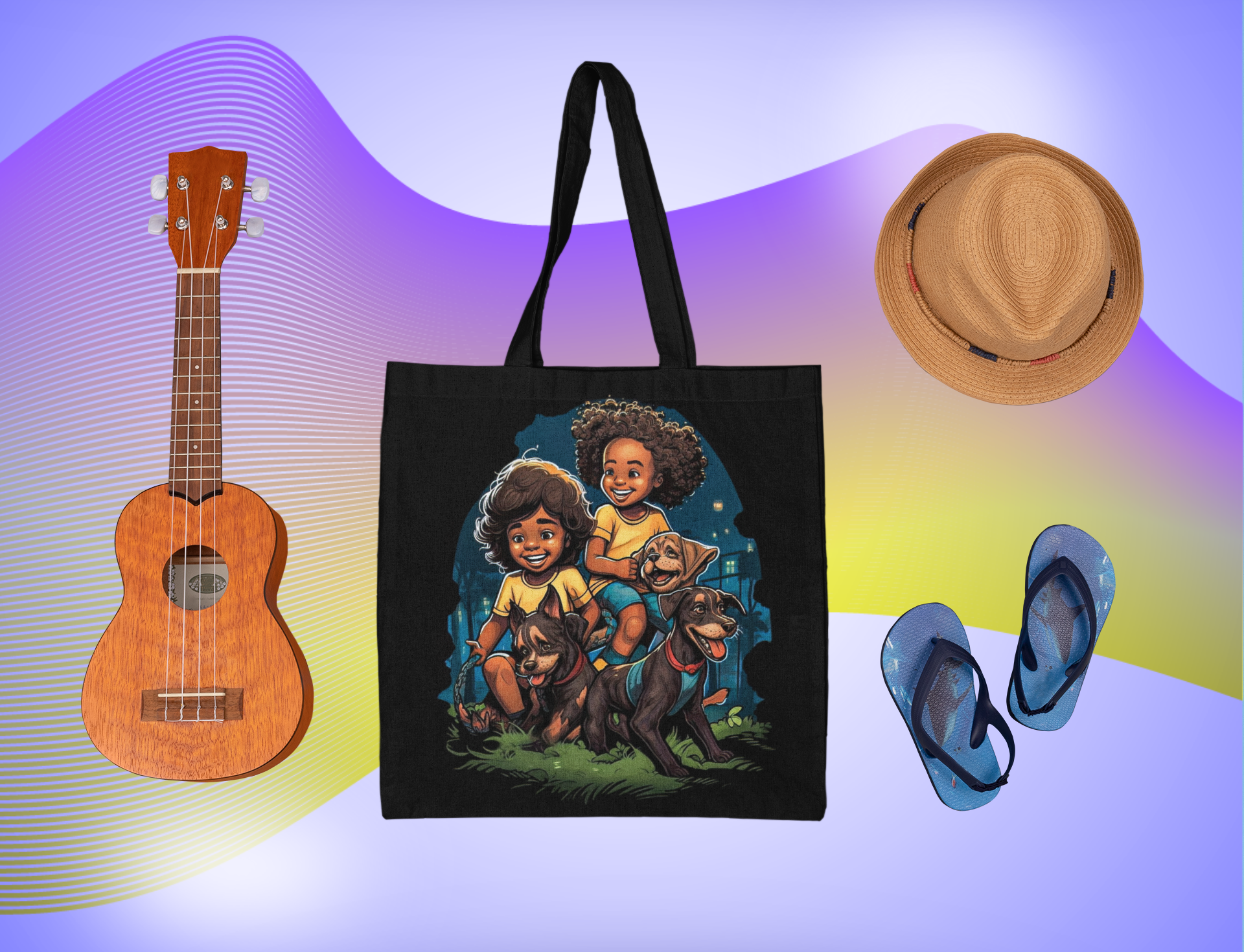"KIDS AND PUPS" - AFRICAN AMERICAN THEMED Tote Bag