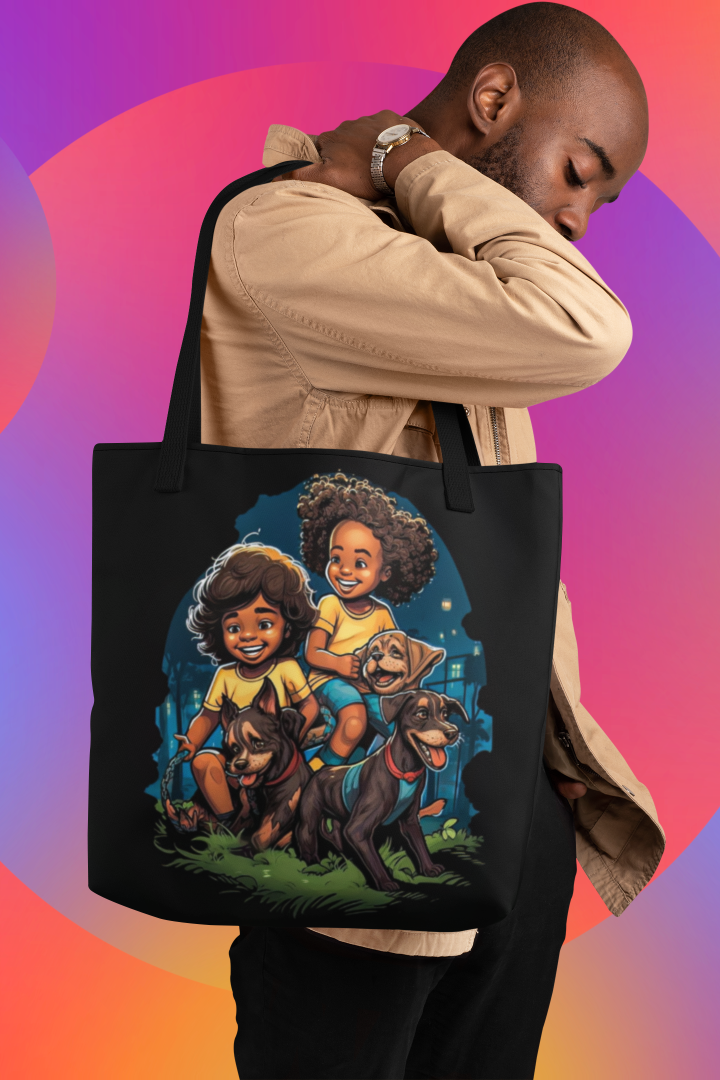 "KIDS AND PUPS" - AFRICAN AMERICAN THEMED Tote Bag